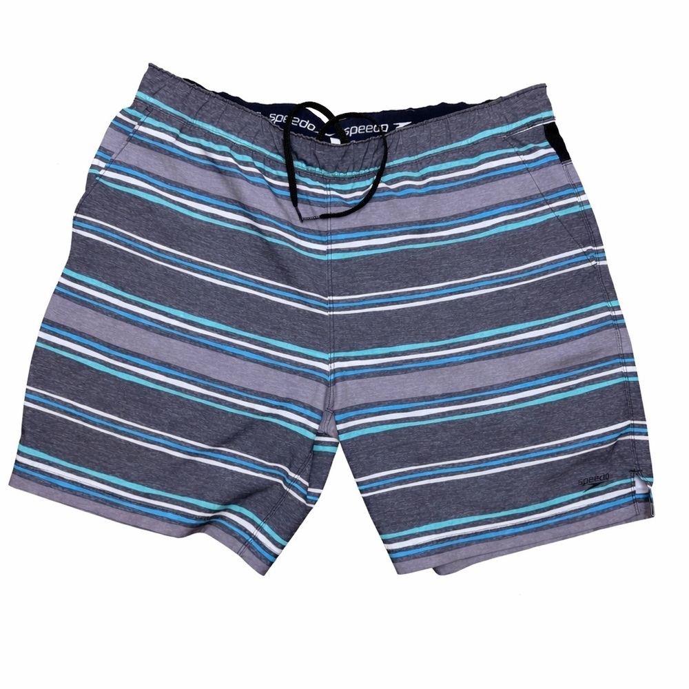 Speedo Men's Striped Swim Trunks Board Shorts Gray Blue Size Large